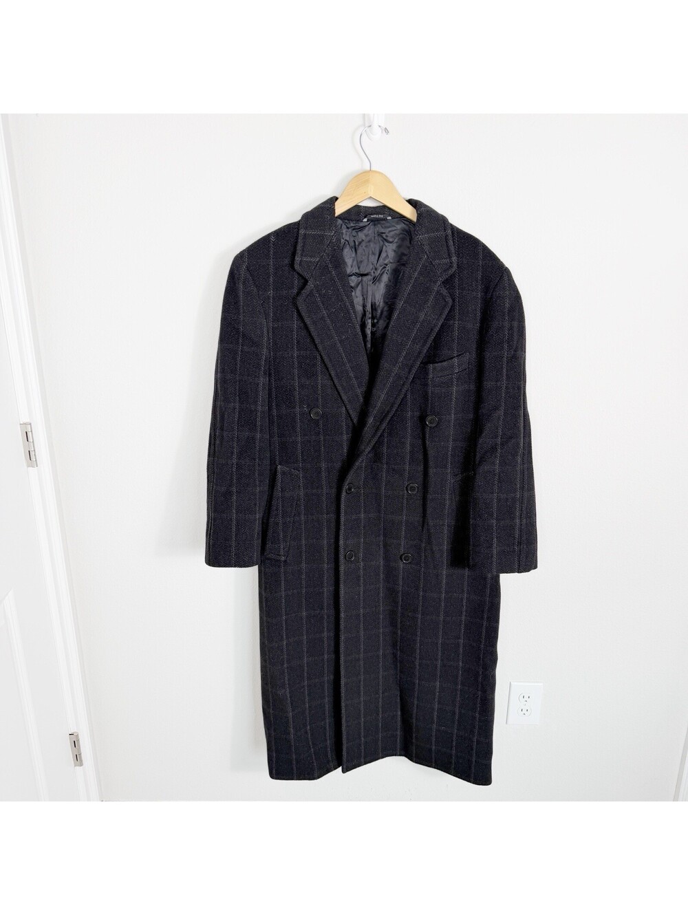 VTG Men’s Roberto Pelli Wool Trench Over Coat Dark Gray Plaid Made In Italy 36R